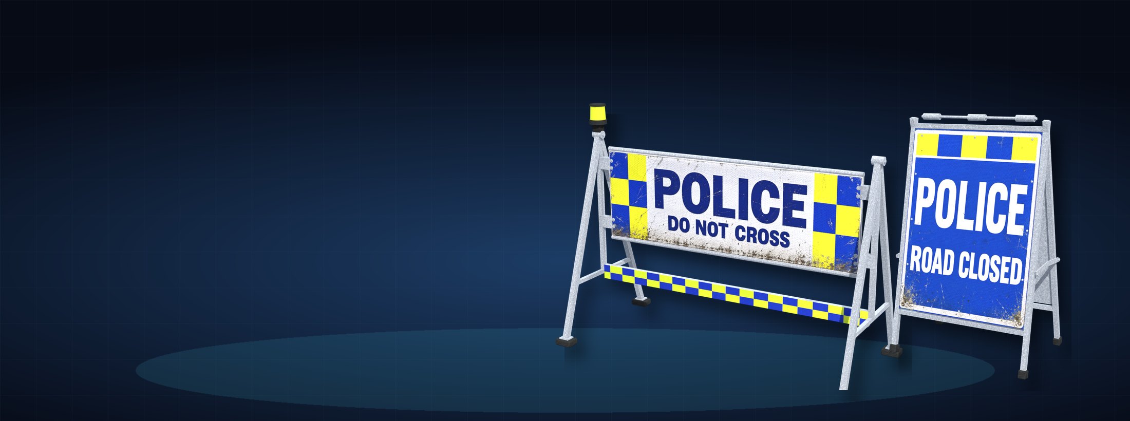 POLICE barrier and Road Closed sign