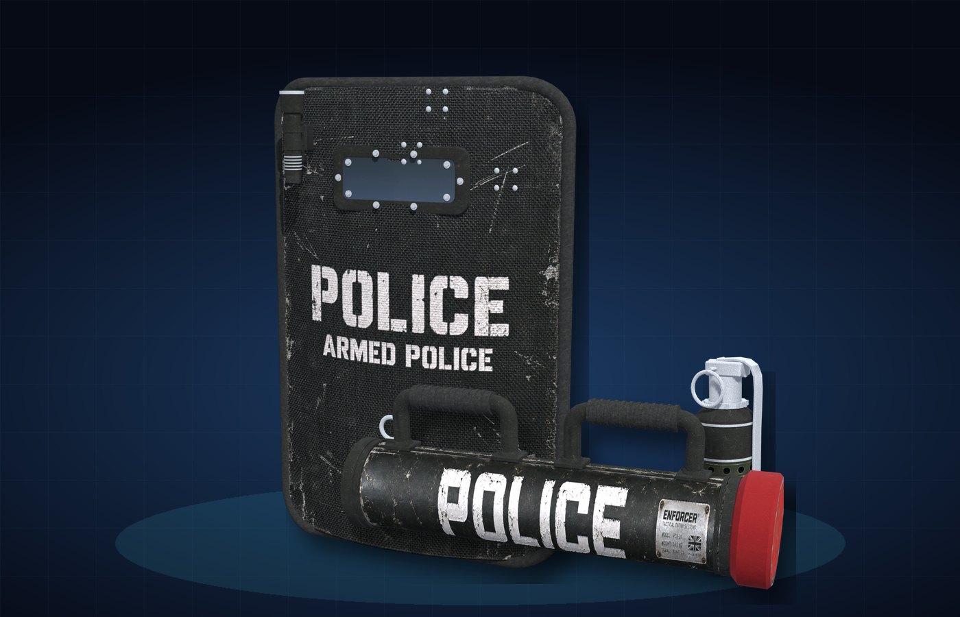 Ballistic shield, Enforcer ram and stun grenade